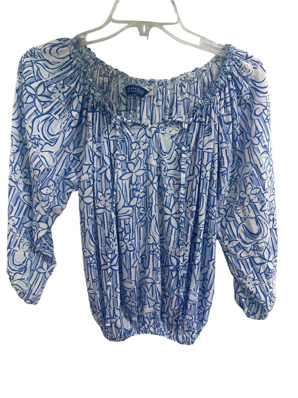Three Islands Floral Batik Print Peasant Blouse Off-Shoulder Resort Wear XS
